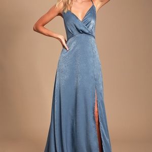*NEW* Lulu's Constantine Sexy Slate Blue Satin Maxi Dress
